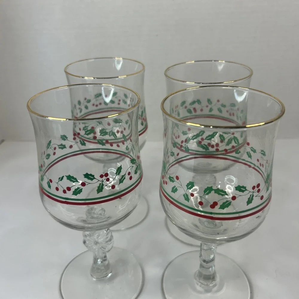 Libbey Arby's 1985 Holly & Berry Christmas Wine Glasses Gold Rim Read
